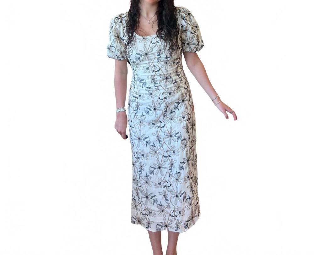 NEW POLAGRAM embroidered midi dress in taupe multi
